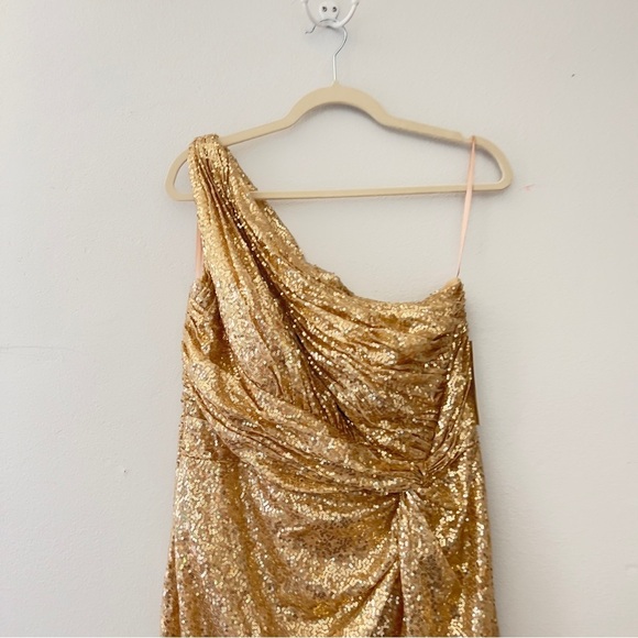 Rene Ruiz Gold Sequin Metallic One Shoulder Cocktail Dress Sz 14 NWT - Picture 4 of 12